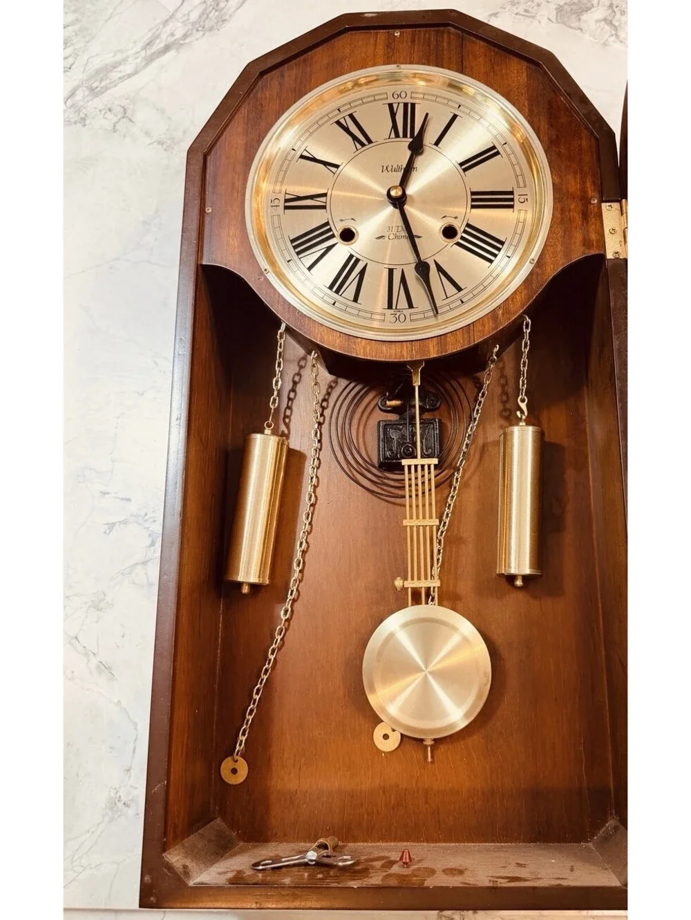 Waltham 31 Day Chime Wall Clock Driven Pendulum Works Key